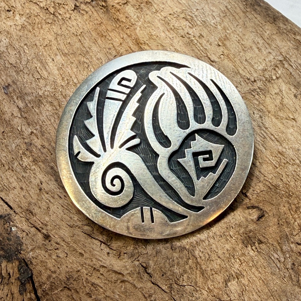 Cleve Honyaktewa Hopi Sterling Silver Bear Paw Feather Pin Pendant Brooch